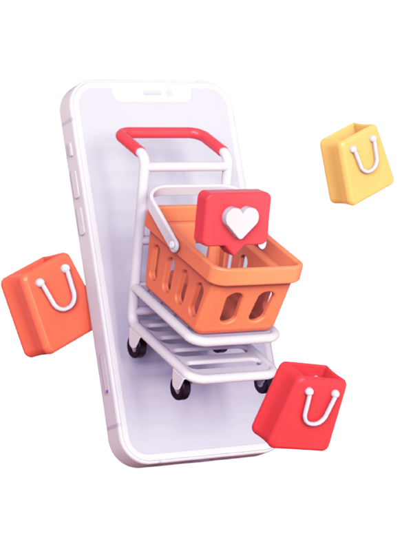 icono de un móvil con un carrito de la compra y bolsas